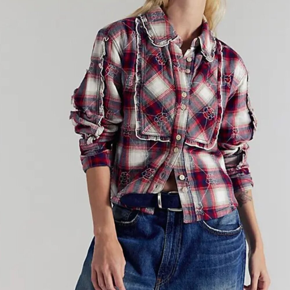 NWT Free People Georgia Plaid Embroidered Button Down in Ivory Combo